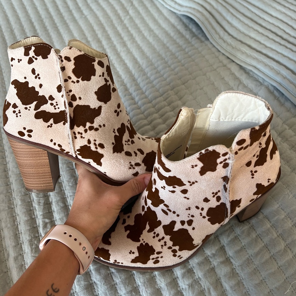 Cow print booties